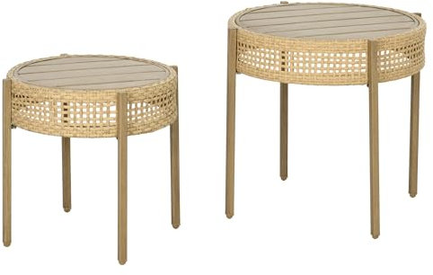 Outsunny Ensemble de 2 Tables Basses de Jardin Rondes pour intérieur ou extérieur - Tables d'appoint en résine PE Effet rotin - Style bohème