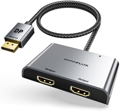 SWITCHFLUX DisplayPort to Dual HDMI Adapter - 4K@60Hz DP to HDMI Splitter, 1 in 2 Out for Extended Display, Compatible With PC, Graphic Card and More