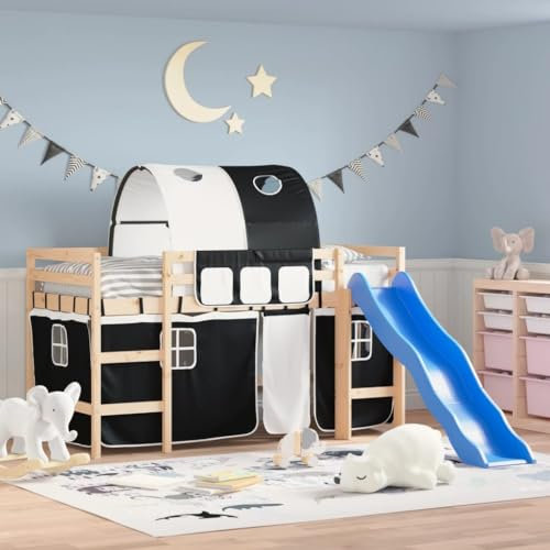 THOYTOUI Kinderhochbett, Tagesbett Seniorenbett Betten Bettsystem Geeignet für Hotel Gästezimmer Schlafzimmer Wohnung mit Tunnel Weiß & Schwarz 90x190 cm Kiefernholz