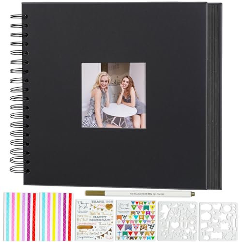 Miaikoe 25,5 x 25,5 cm DIY Scrapbook Album mit Fenster Hardcover Kraftpapier Scrap Book mit 20 Blatt Fotoalbum für Gästebuch, Familie Hochzeitstag (Schwarz)