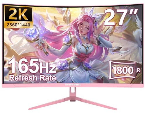 Great voell 27 pollici Rosa Gaming Monitor curvo 1440P (2560 * 1440), 2K, 165HZ, Anti-Blue Light Eye Protection, compatibile VESA-100 * 100mm, inclinabile, con FreeSync, supporto HDR, HDMI+DP, 16:9
