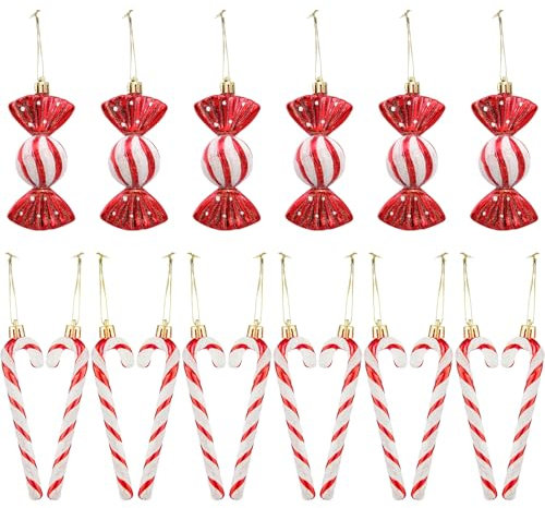 HTTDSLF 18 Pcs Christmas Decorations Candy Cane, Christmas Plastic Candy Cane, Glitter Red White Christmas Tree Decorations, with Red and Gold Bow, for Xmas Party Christmas Home Decoration