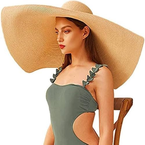 Nvzi Chapeau de plage surdimensionné pour femme - Chapeau de soleil à large bord - Chapeau de paille géant souple et pliable - Peut être rangé - Résistant aux UV - Couleur kaki, kaki, 1-2