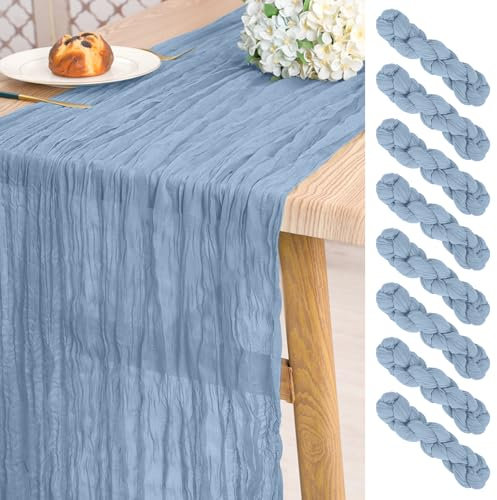 8 Stück Käsetuch Tischläufer Staubblau, 3 m lang, rustikale Gaze Boho-Stil Hochzeits Seihtuch Tischläufer, 55 x 300 cm, für Hochzeit, Brautparty, Party, Bankett