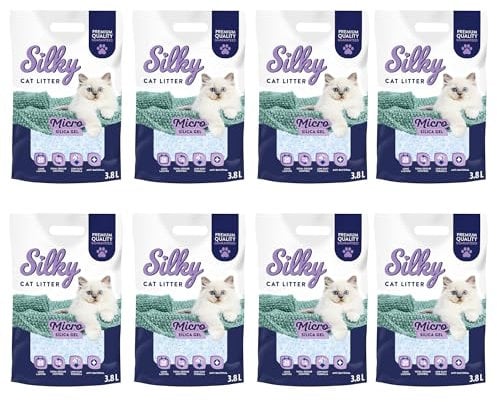 Silky Mikro Silikat-Katzenstreu 3,8L | 30,4L Satz | Staubfrei, Geruchskontrolle, Saugfähig, Bakterienhemmend, Sanft zu Pfoten, Lang anhaltende Frische, Silica |8er-Pack