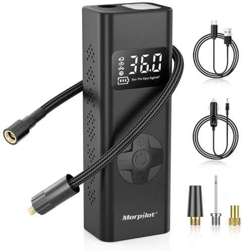Compressore Aria Portatile da 7800mAh, Morpilot 150PSI Gonfiatore con Batteria Ricaricabile, Doppio Schermo LCD Digitale, 3 Ugelli Diversi, Pompa Elettrica per Bicicletta, Auto, Moto, Palloni