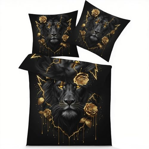 GEDAEUBA Bettwäsche 135x200 Löwe - Schwarz Gold Bettbezug, Wendebettwäsche und Kissenbezug 80x80, Weiche & Angenehme Mikrofaser Bettwäsche-Sets mit Reißverschluss