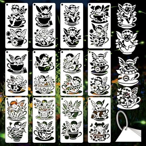 GOMAKERER 12 Sheets Teacup Fairy Stencils for Painting, 12 Styles Plastic Tea Time Drawing Template Flower Wing Butterfly Art Templates for Painting on Wall Wood Home Decor