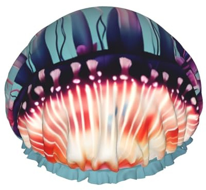 Double-layer Jellyfish Print shower cap great for showers,cooking,spa and makeup-fits long hair.