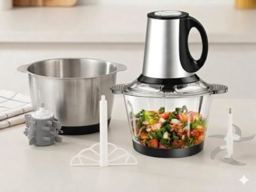 Hachoir Multi-Fonctions 1000W, 2 Bols en Verre 5L et Bol en Acier Inoxydable, Lame Inox, Accessoires Inclus