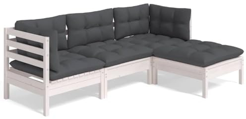 QJBSAVVA 4-TLG Garten Lounge Set mit Kissen, Palettenmöbel für Garten & Terrasse aus Kiefernholz, Modulares Sofa Set Balkonmöbel Lounge-Sofa Ecke, Weiß Anthrazit
