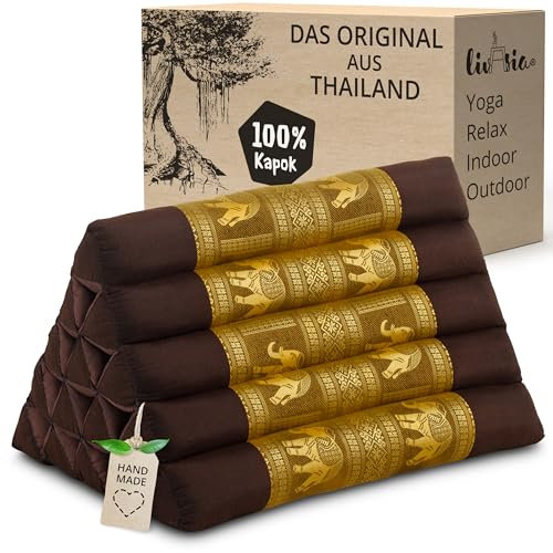 livasia Rückenstützkissen extrahoch mit Thaiseide - 38x55x35cm - Dreieckskissen für Garten/Balkon, Keilkissen mit Kapok, handgefertigt, Meditationskissen (Braun/Gold/Elefanten Seide)