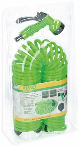 GRUNDIG Kinzo Tuyau d'arrosage complet - 15 m - Tuyau en spirale avec pommeau de douche 7 fonctions - Raccord rapide - Raccord pour robinet 3/4 - Vert