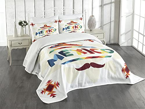 ABAKUHAUS Mexikaner Tagesdecke Set, Sombrero Aztec, Set mit Kissenbezügen Waschbar, für Doppelbetten 220 x 220 cm, Creme Blau