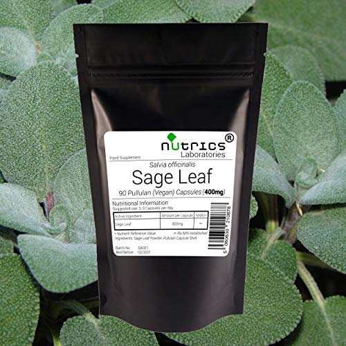 Nutrics® 100% Pure 400mg SAGE Leaf | 90 Vegan Capsules(1 Month Supply) |Made in The UK by Nutrics Laboratories |Suitable for Vegan Vegetarian Halal Kosher
