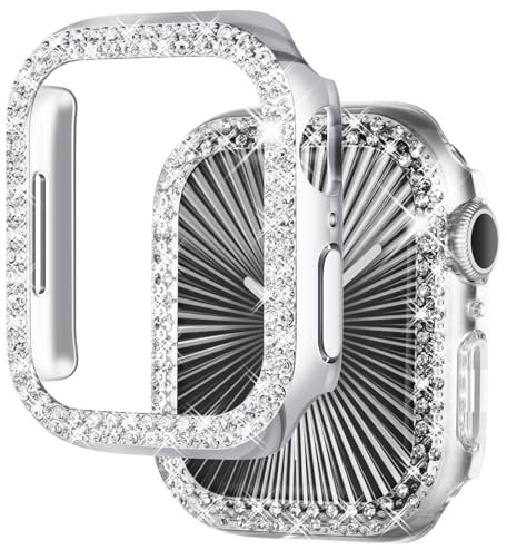 Newways 2-pack Women Bling Screen Protector with Diamond Compatible with Apple Watch Series 3/2/1 42mm,Plastic Bumper Case for iWatch,Overall Protective Cover without Protective Film(Clear+Silver)