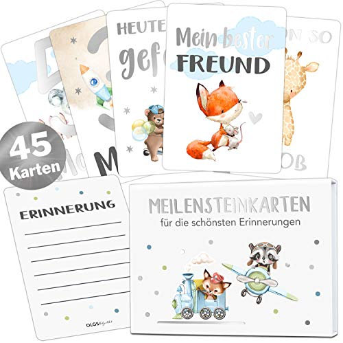 OLGS Baby Meilensteinkarten Junge Silber 45 Meilenstein Karten Set, Erinnerungskarten, Monatskarten, Milestones + Magnetbox, Geschenkidee zur Geburt Taufe, Babyparty, Babyshower
