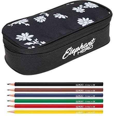 Mäppchen Mädchen Etui Federtasche Mäppchenbox groß Pennal Schülermäppchen pencil case Elephant Box Large 12800 + 6 Stifte (Black Flower (Schwarz/Blume))