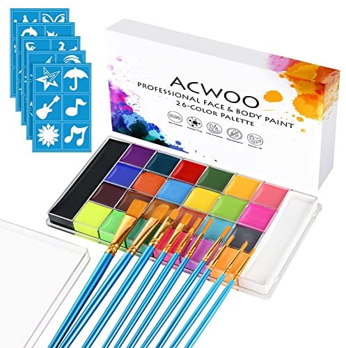 ACWOO Kinderschminke, 26 Farben Schminkfarben Schminkpalette Set, Face Paint Bodypaint Schminkset, Körperfarbe Kinder mit 10 Pinsel und 30 Tattoos für Weihnachten Halloween Karneval Make-up Fasching