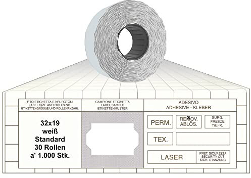 Preisauszeichner Etiketten 32x19 Standard weiß 30 Rollen ablösbar Preisetiketten für Print Tovel Printex Contact Meto Blitz