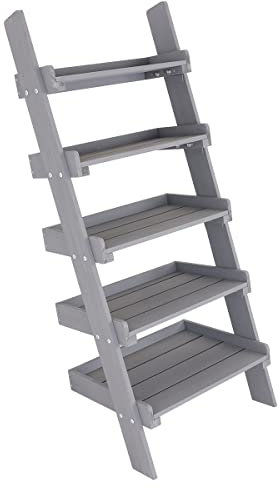 Charles Bentley FSC Slim Wooden Ladder Planter - Grey Tall 5 Shelves Wood Modern Planting Vertical Garden Herbs Flowers