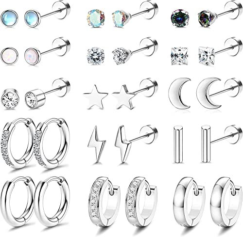 MILACOLATO 15Paar Ohrknorpel Ohrringe Chirurgenstahl Für Damen Herren 20G Ohrstecker Kleine CZ Creolen Huggie Ohrringe Ohrringe Set Tragus Helix Ohr Piercing Schmuck Silber
