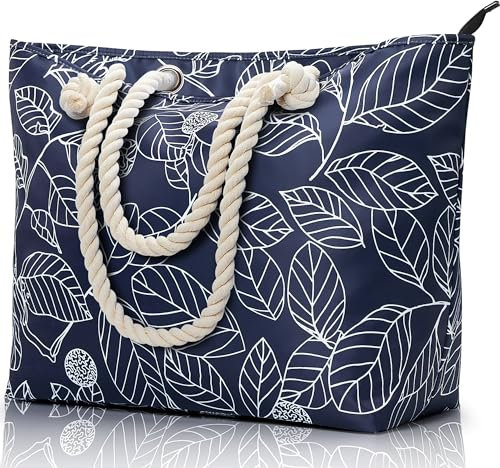 KALIDI Große Strandtasche mit Reißverschluss Wasserdicht Badetasche Strandtasche XXL Familie Beach Tote Bag mit Reißverschluss Große Shopper Damen Sporttasche Schultertasche, Blätter