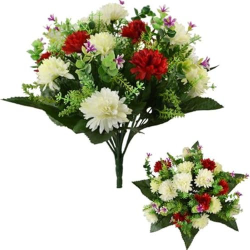 Realistic 41cm Artificial Cemetery Bouquet – UV Resistant Memorial Flowers with Wired Stems for Graves, Funerals & Garden Displays (Multiple Colors) Chrysanthemum Bouquet (Red, Green, Ivory)