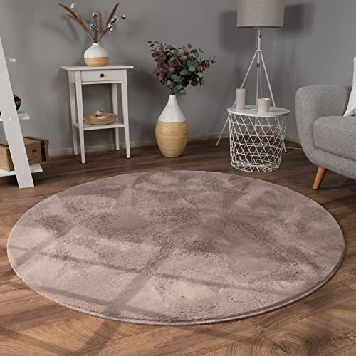 Paco Home Teppich Wohnzimmer Kunstfell weich waschbar modern elegant pflegeleicht Felloptik Uni Seidenglanz flauschig Kurzflor, Grösse:Ø 100 cm Rund, Farbe:Taupe