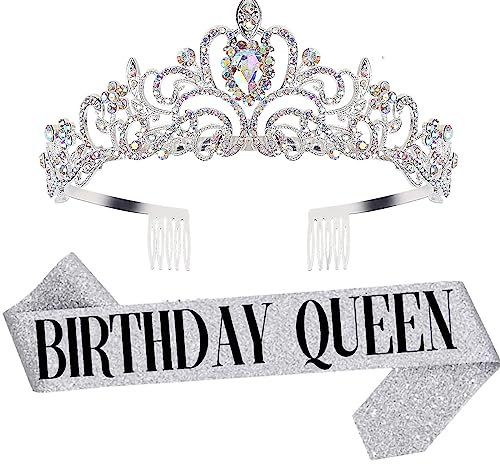 Geburtstag Königin Schärpe & Strass Tiara Kit - 21. 30. 40. 50. 60. Geburtstag Geschenke Geburtstag Schärpe für Frauen Geburtstag Party Supplies (Sliver)