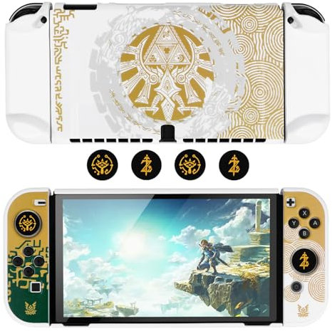 DLseego Schutzhülle für Switch OLED , schlanke, Coole Docking Schutzhülle, Harte PC-Schutzhülle mit Joycon Abdeckung und Daumengriffkappen, kompatibel mit Switch OLED ,Weiß und Gelb
