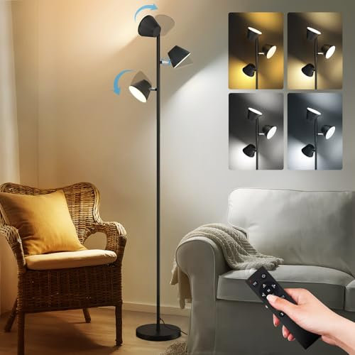 Mixinlei Lampadaire sur Pied Salon 42W/4200LM, Lampadaire LED Dimmable avec Télécommande et Contrôle Tactile, 4 Températures de Couleur, Lampadaire Noir à 3 Lumières pour Chambre, Bureau, Lecture