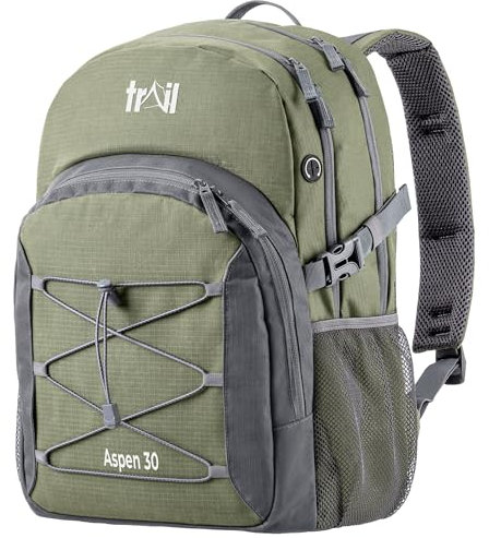 Trail Aspen 30L Day Pack Backpack for School Work Hiking Camping Travelling, Breathable Padded Back & Straps, 3 Zip Compartments, Internal Pockets, Bungee Cords, USB/Headphone Port, Water Resistant