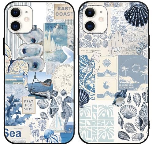 Phoona 2 Pack Cute Case for iPhone 11 6.1, European Collage Preppy Summer Girly Design Pattern for Girls Women, Slim Soft Silicone Shockproof Bumper Protector Cover, Blue 04
