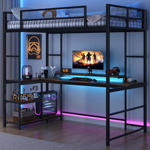 Tatub Twin Loft Bed with Large Desk and LED Lights, Metal Loft Bed Frame with Ladder, Storage Shelves and Adjustable Monitor Stand, Space-Saving Bed for Teens, Kids, Adults