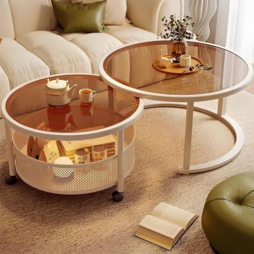 Nesting Couchtisch Mit Stauraum, 2er Set Runde Couchtische – Glastisch Mit Metallgestell, Platzsparend Stapelbar Mit Ablage, Wohnzimmertisch Für Wohnzimmer, Schlafzimmer, Büro, Kleine Räume(Brown,60+4
