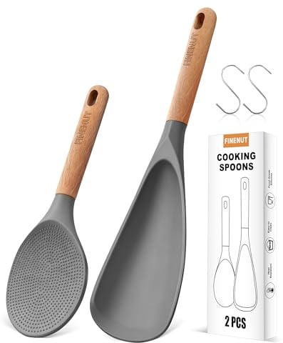 Multifunction Silicone Spatula Spoon 2-Pack Dual-Use-Heat-Resistant 446°F BPA-Free Non-Toxic Cooking for Non-Stick Cookware,Rice Cookers,Wooden Handle Scoop/Serve Meal/Rice Spoon,Scratch-Proof (Gray)