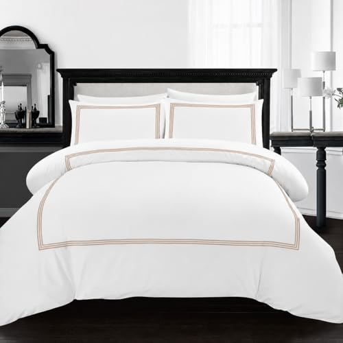 Super King Duvet Cover Set - Soft Bratta Stitch Embroidered Microfiber Duvet Sets with 2 Pillowcases - Non Iron Bedding Hotel Quality Quilt Cover (White/Beige)