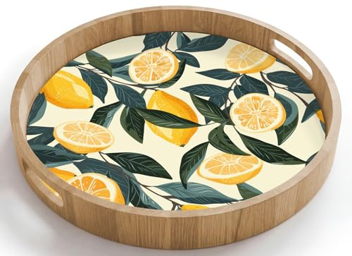 OnlyWow© Servierplatte Eiche Tablett Serviertablett Mit Griff | 40x40 cm - Rund - Hitzebeständig Tray Küchentablett Kaffeetablett Teetablett Zitronen - Früchte - Blätter - Gelb - Grün