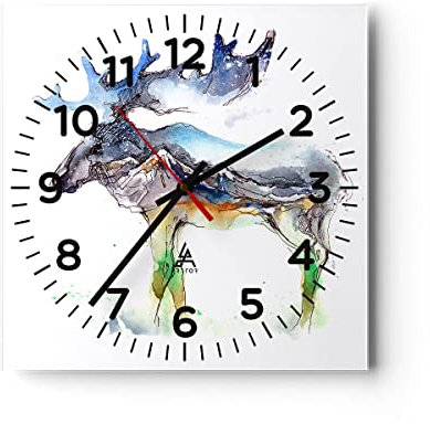 Modern Wanduhr Moose Berge Winter Illustration 40x40cm Quadrat Groß Wand Uhr Glas Analog Zimmeruhren Küche Büro Wohnzimmer Glasuhr Wall Clock Dekoration Design Wanddekoration Küchenuhr C4AC40x40-3041