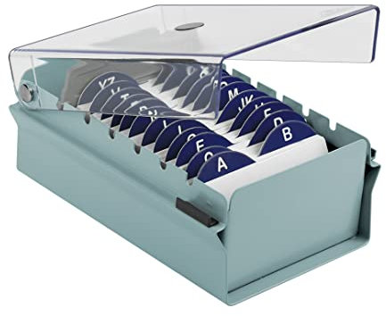 Acrimet Porte-Cartes de Visite, Boîte de Rangement, Base en Métal Couleur Vert et Couvercle en Plastique Transparent (Inclut des cartes d'index AZ - 95 mm x 68 mm; un séparateur en plastique)