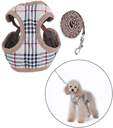 Hundegeschirr und Leine, verstellbar, weiches Netzgewebe, gepolstert, kariert, ausbruchsicher, Welpenjacke für Jungen, Mädchen, Haustiere, Hunde für Welpen, Gitter (XS)