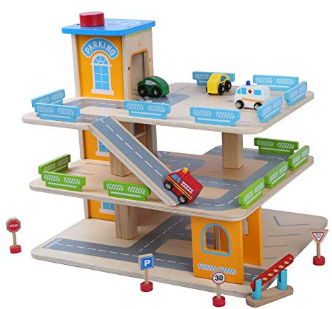 TikTakToo Parc de Stationnement en Bois Parktower Jouets Enfants Garage de Voiture Parking Garage INCL. 4 Voitures Jouets