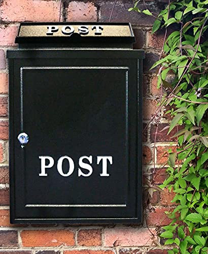 Aurahome® Vintage Weatherproof Post Box Plain Design Personalisable-Lockable Heavy Duty Secure Wall Mounted Letter Mail Post Box Post for Walls/Gates/Garages.Charming (Black with White Post Sign)