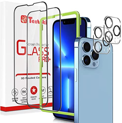 Tentoki [2+2 Packs Compatible for iPhone 13 Pro Max Screen Protector 2021(6.7 inch) with Camera Lens Protector, 9H Hardness/Case Friendly/Tempered Glass with Easy Installation Frame…