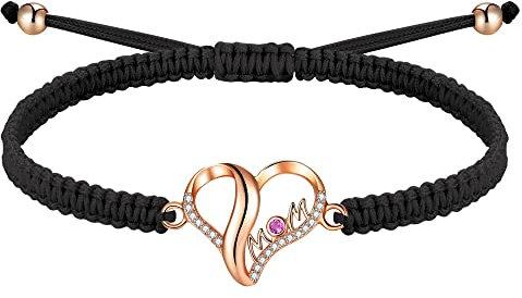 J.Endéar Mutter Herz Roségold Armband für Damen Silber 925, Kordel Seil Verstellbares Handgefertigt Geflochtene Armband Rot Cubic Zirkonia Schmuck Mama Geschenk, Schwarz