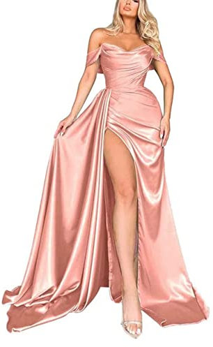 HPPEE Robes de bal d'épaule froide A-ligne froncée formelle robes de soirée pour les femmes avec fente, rose gold, 36