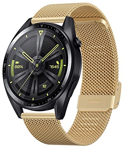 Hiseus Bracelet Compatible avec Huawei Watch GT2/GT3 46mm, Acier Inoxydable Mesh Tissé Bracelet Compatible avec Huawei Watch GT 2/3 Pro 46mm / GT Runner/GT 2e / Watch 3 / Watch 3 Pro (Or)
