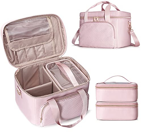 Prokva Travel Makeup Bag with 2 Pouches and Adjustable Dividers, Large Cosmetic Case Make up Organizer for Women Fits Bottles Vertically (Patented Design), Pink, L