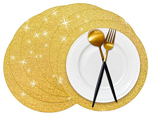 Set di 50 tovagliette in carta glitterata color oro, 30 cm, rotonde usa e getta, centrini con paillettes dorate, per matrimoni, banchetti, feste, casa, sala da pranzo
